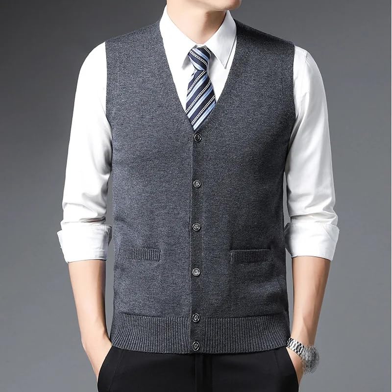 Dninmim Men's V-Neck Sleeveless Sweater Vest Cardigan Solid Pocket Casual Warm Knit Waistcoat Top2
