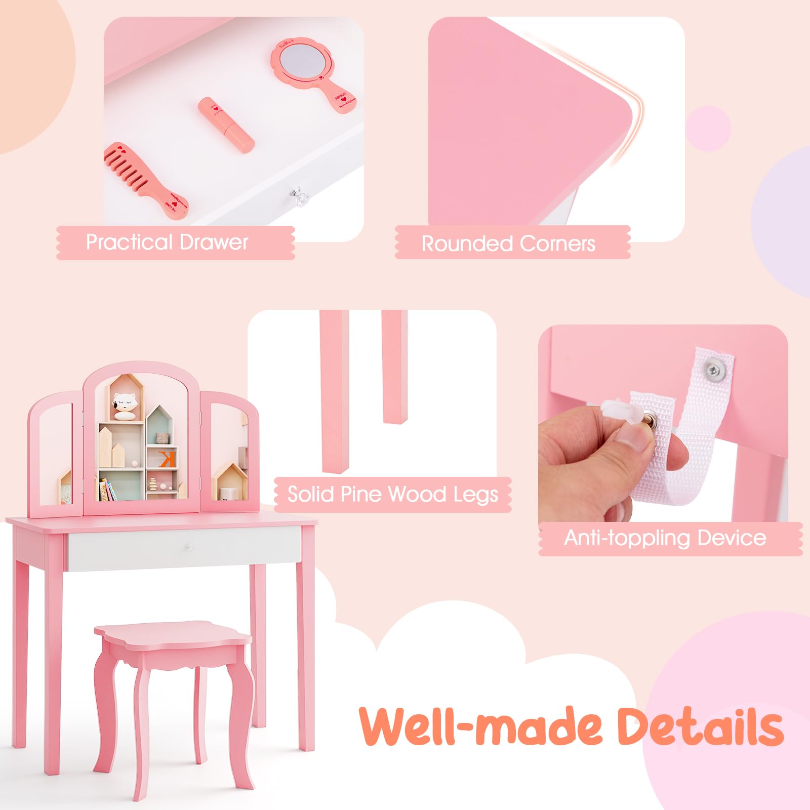 LIFEZEAL 2-in-1 kindermake-uptafel, kindercosmeticatafel, set met afneembare spiegel en kruk, kaptafel voor meisjes vanaf 3 jaar, kaptafel van hout met schuifladen