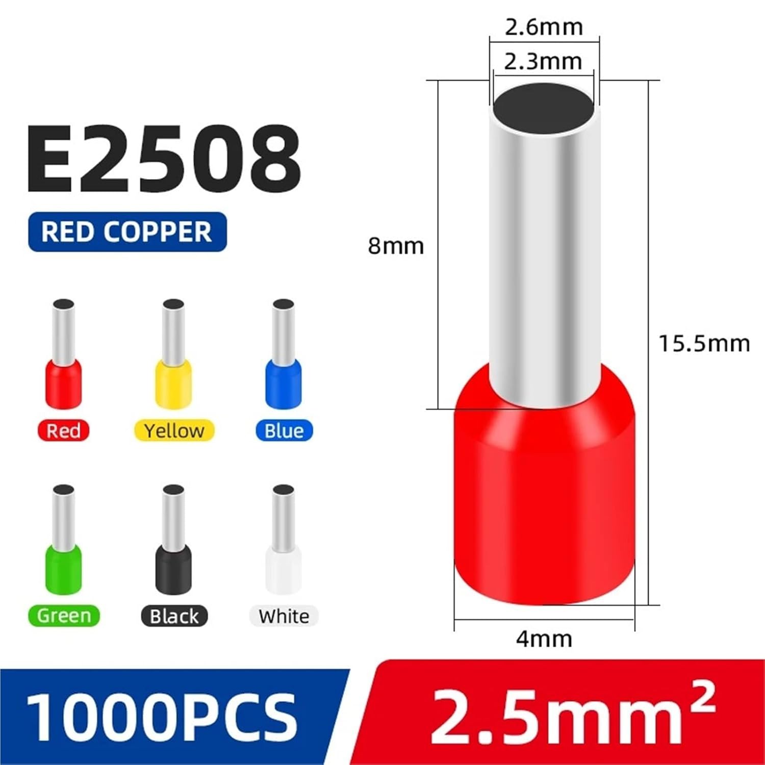 1000Pcs Wire Connector Terminal E7508 E1008 E1508 E2508 E4009(White,E6012-1000PCS)