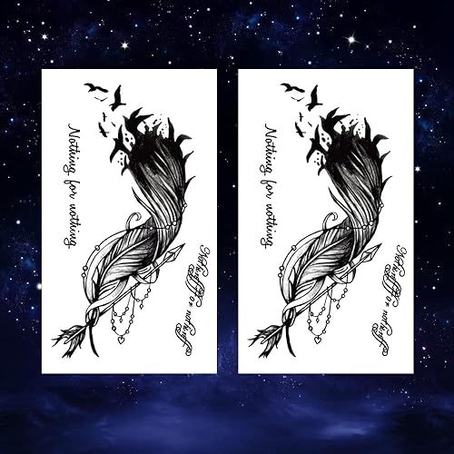 Miniatura 2 de Oottati Juego de 2 calcomanías de tatuaje temporal pequeñas y bonitas, cubierta de cicatriz para cesárea del vientre, plumas negras, diseños de