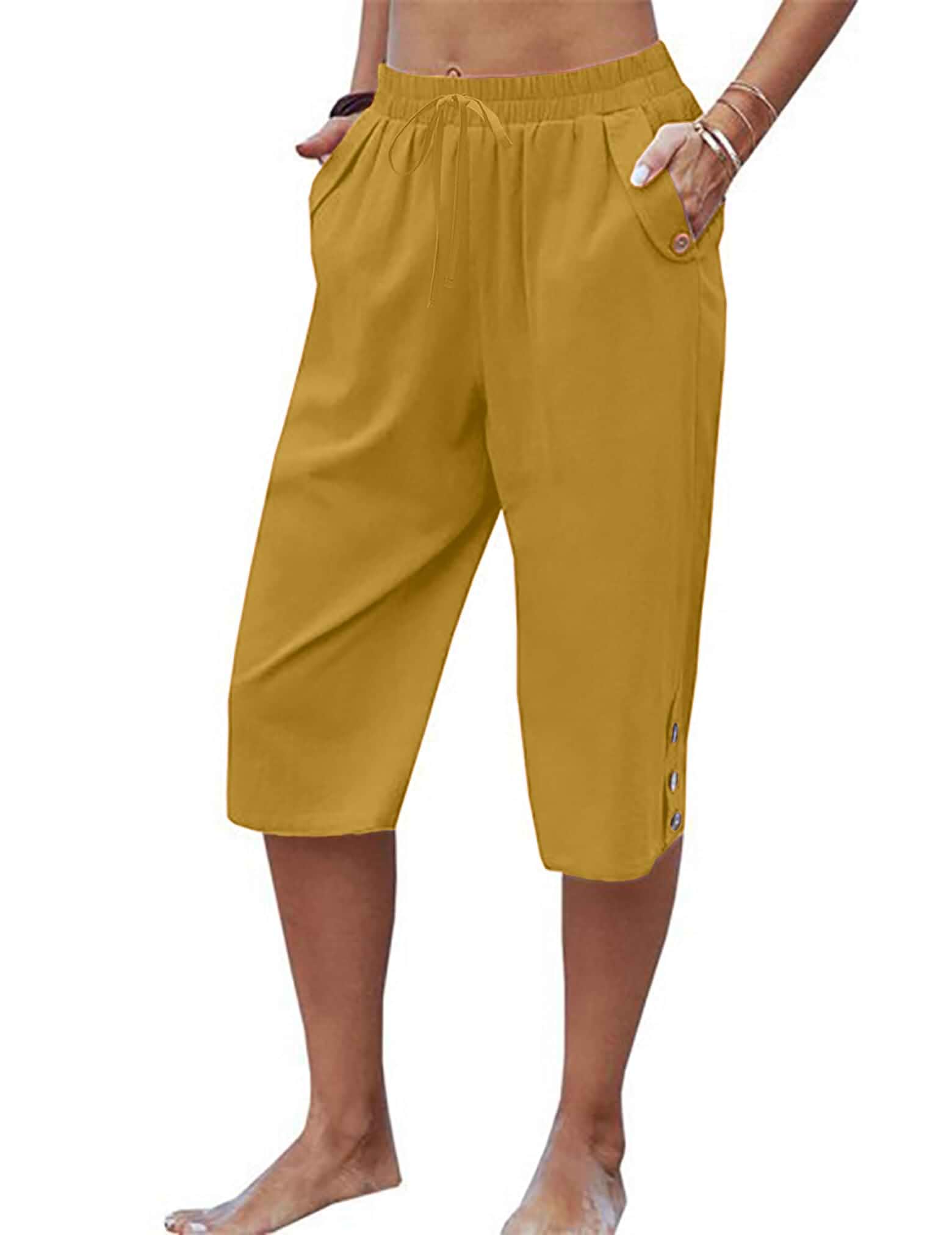 Larmliss Womens Casual Capri Pants Elastic Waist Solid Color 3/4 Wide Leg Summer Trousers with Pockets Standard
