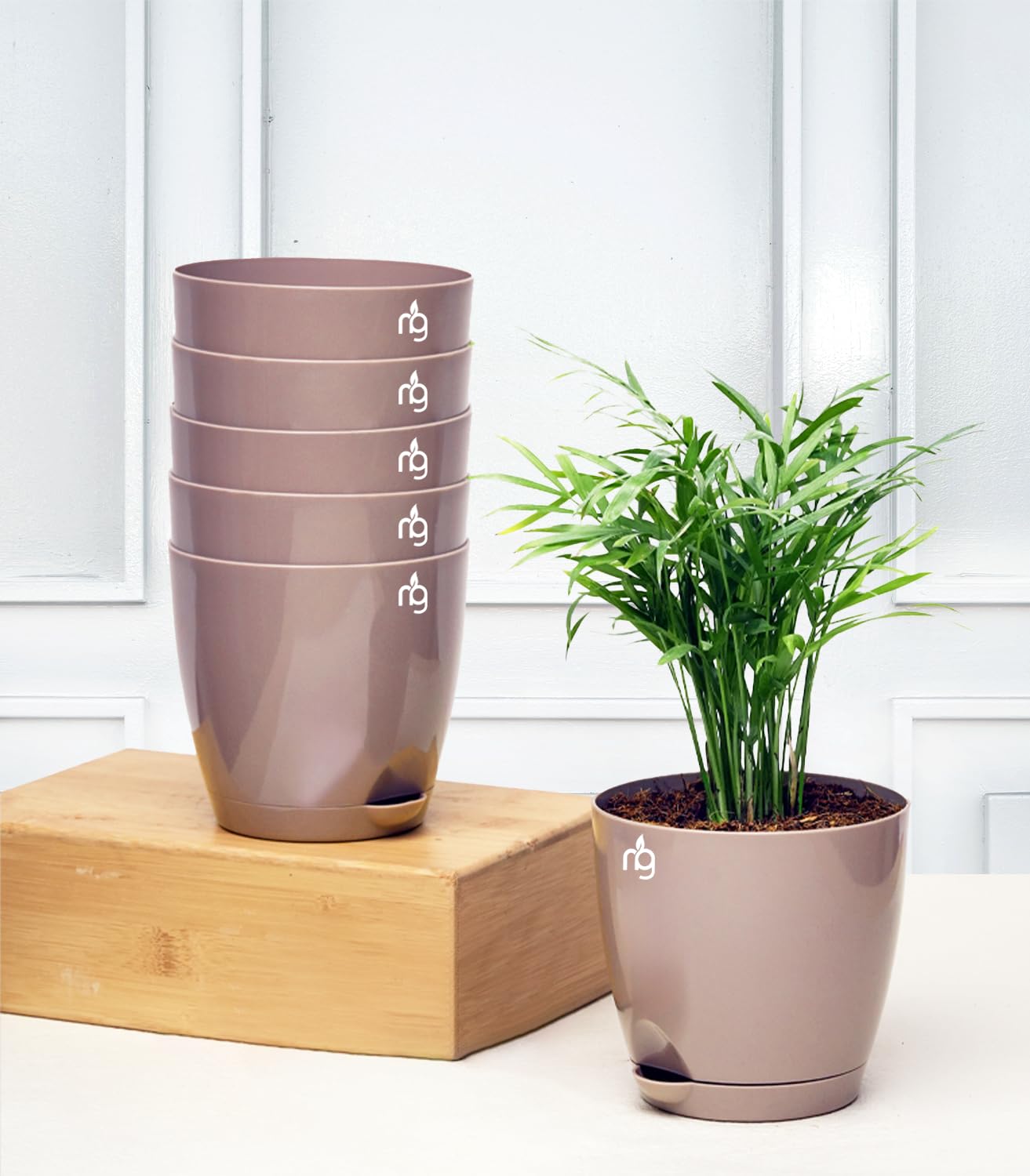 Nurturing Green® Self Watering Pots for Plants, 11cm, Set of 6 (Mocha)