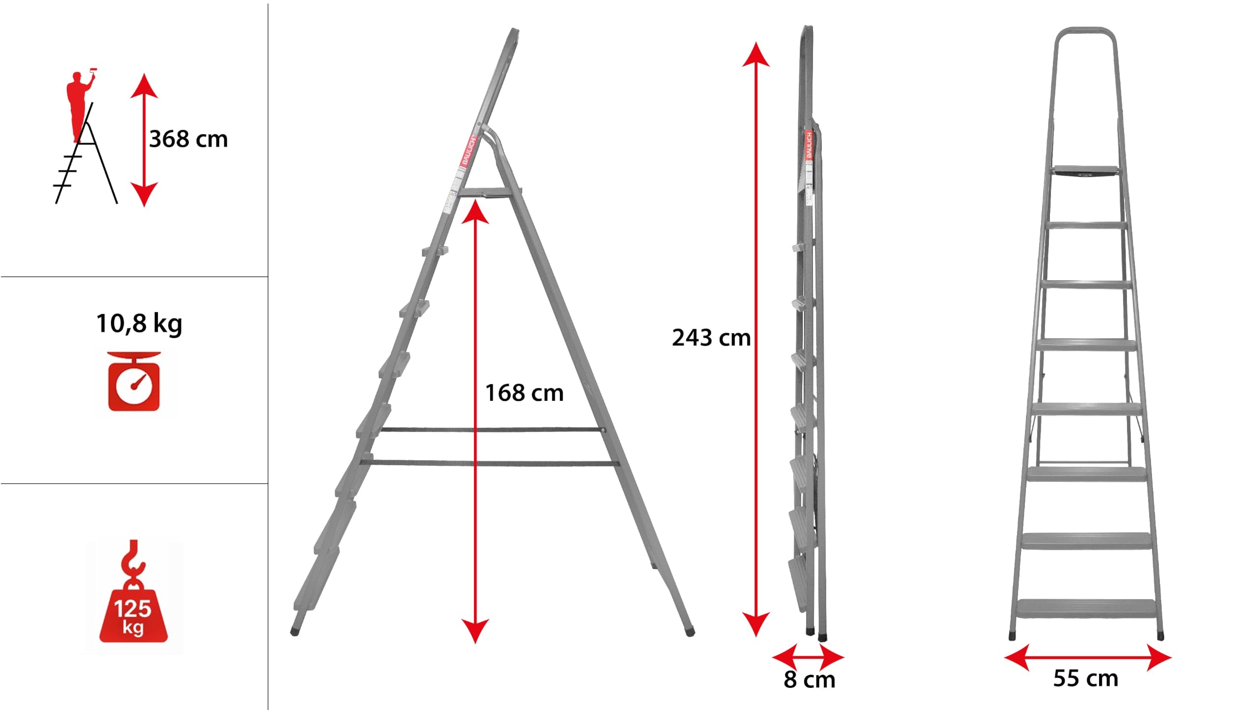 Escabeau Pliant Domestique, 8 Marches, avec Arceau de Maintien, en Acier, à Montée Simple, Plateforme 25 x 25 cm, Pieds Antidérapants, Charge Maximale 125 kg, Gris