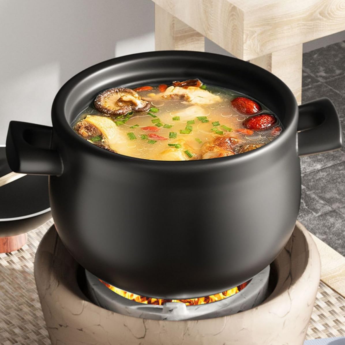 UKCOCO Großer Keramik Kochtopf 1,8l Schwarz mit Deckel Hitzebeständig und Leicht zu Reinigen für Gartenparty und Tägliches Kochen