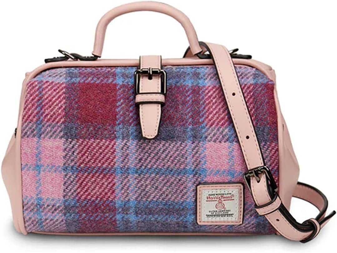 Islander The Medium Doctor Bag for Women, Harris Tweed & Vegan Leather, Pink and Blue Tartan