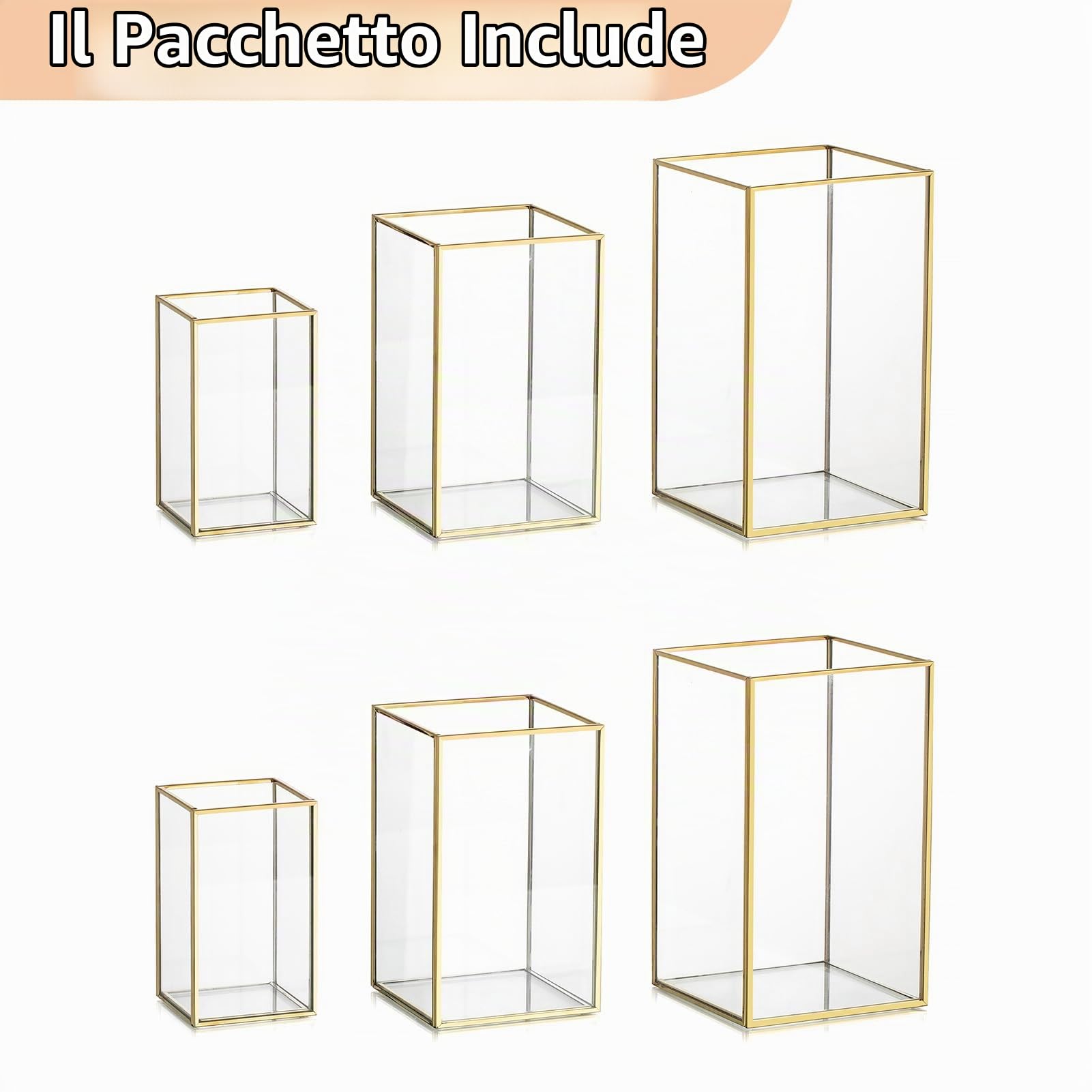 NUPTIO Uragano Portacandele in Vetro - 6 Pezzi Lanterna Oro Vetro Temperato Camino per Candele Set Esterno Quadrato Decorativo Matrimonio Natale Halloween Ornamenti Soggiorno Camino Tavolo