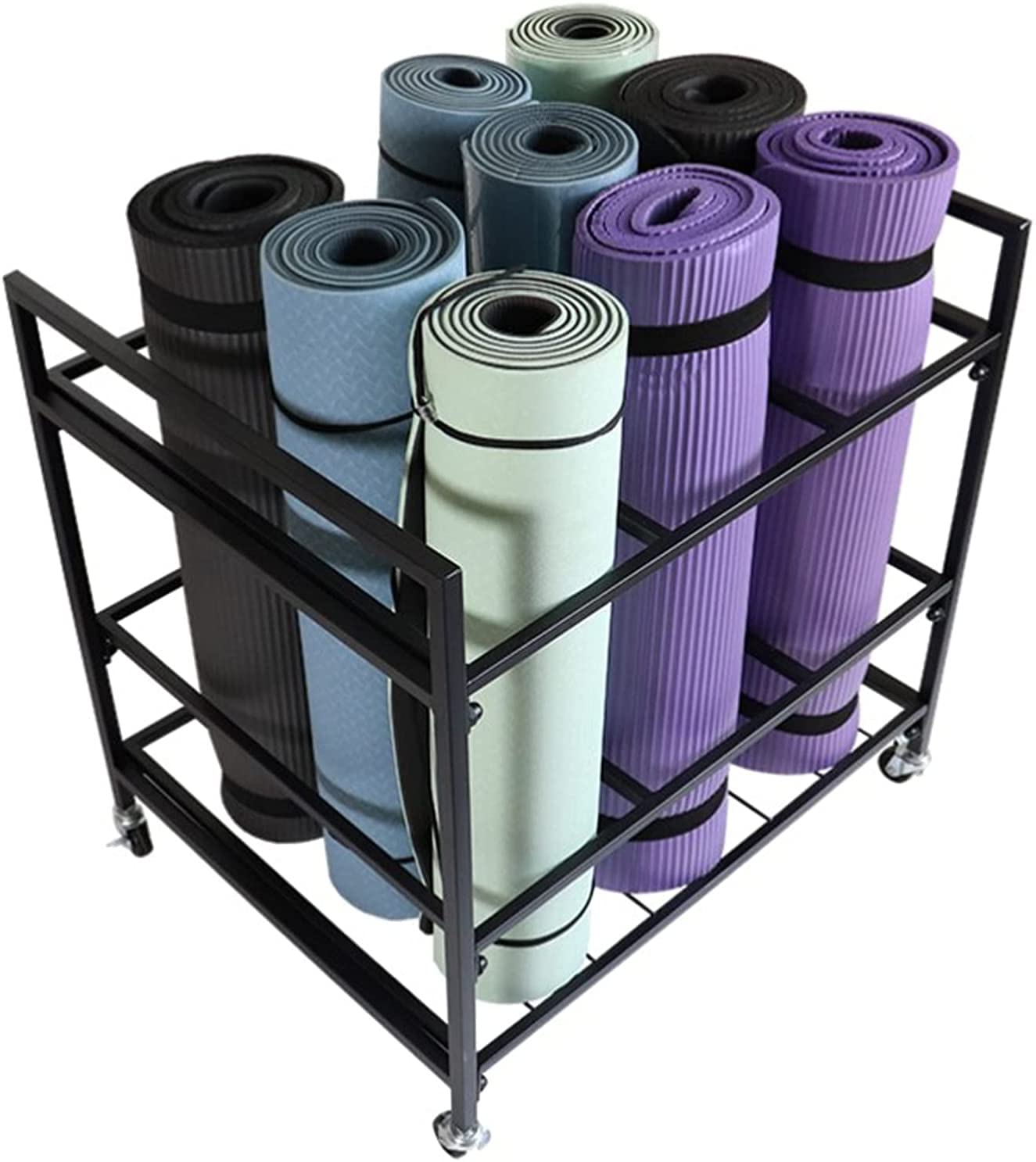 MNBCVT Foam Roller Yoga Mat Stand Holder Cart, Mobile Yoga Column Trolley Storage Rack with Wheels, Gym/Fitness Room Metal Yoga Mat Shelf