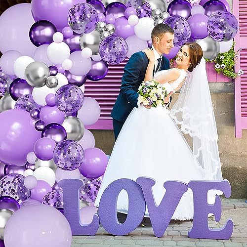 Purple Balloons Garland Arch Kit,144pcs Lavender Purple Pastel Purple Confetti Balloons with Silver White Ballons for Girl Butterfly Baby Shower Princess Birthday Wedding Party Decoration………