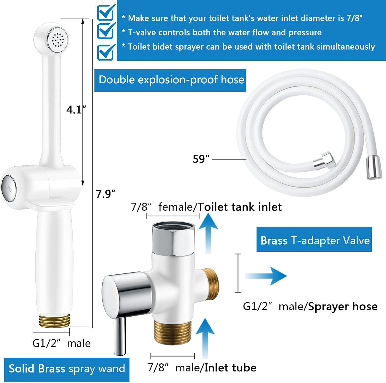 Black Friday - 70% OFF SonTiy Handheld Bidet Toilet Sprayer, Complete Cloth Diaper Sprayer Set, 7.9 Brass Bidet Wand and Brass Valve Core for Long-Lasting Use, Better Personal Hygiene - White -5 Years Warranty