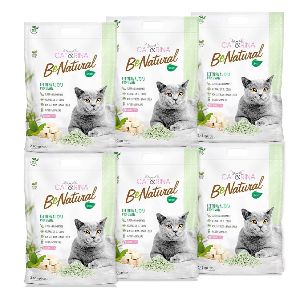 Cat&Rina BeNatural, lettiera per gatti al tofu da 5,5l Agglomerante e Vegetale. Fino a 30 giorni di utilizzo. Si smaltisce nell'organico o nel wc. Sabbia gatti anti odore Tè Verde, 6 pezzi