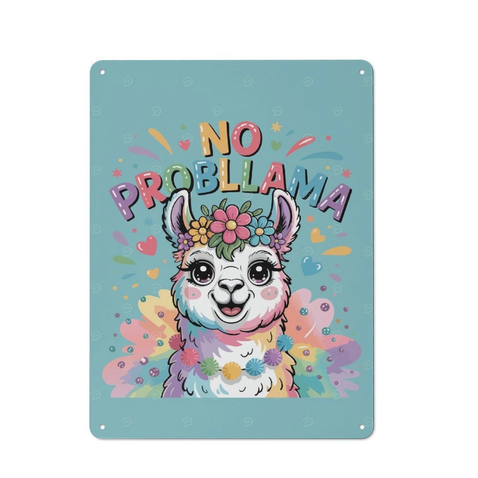 Junmoney Style-9 Metal Plaque 40X30cm With Cute Llama With Flowers - No Problama For Pub Or Café, Retro Decor, For Pub Decor Enthusiasts Refreshing A Room In Autumn