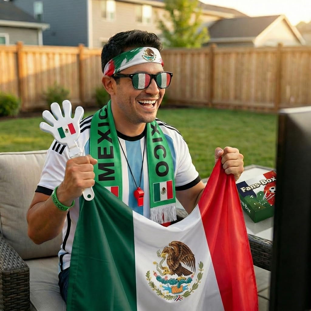 Soccer Fan Gear Set 2026-7 Piece Game Day Kit with Flag, Scarf, Glasses, Whistle, Clapper, Wristband & Headband in Gift Box - Watch Party & Stadium Essentials for Mexico - 5