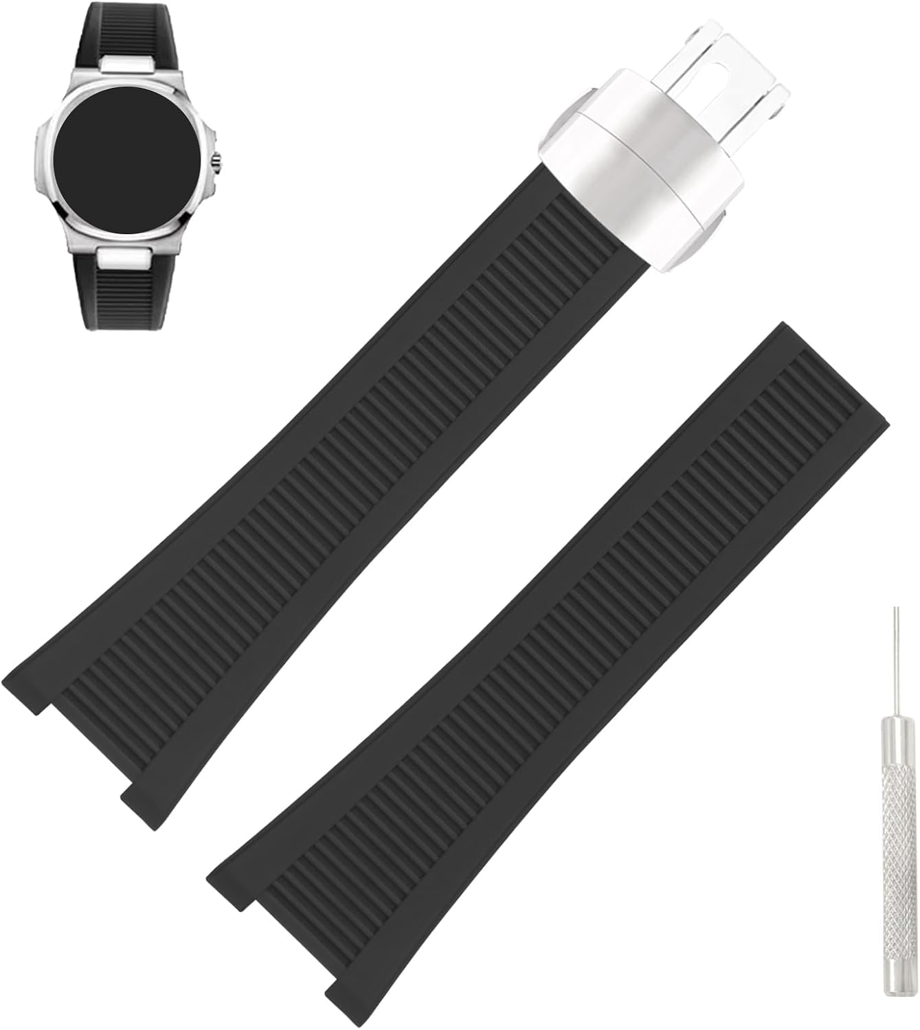 Rubber 25mm* 13mm Watch Bands Compatible Fit for Patek Philippe Nautilus PP 5711 1A010 5712 5712G 5726 5980 Replacement Silicone Watch Strap Wirstband Bracelet with Deployment Buckle For Men and Women
