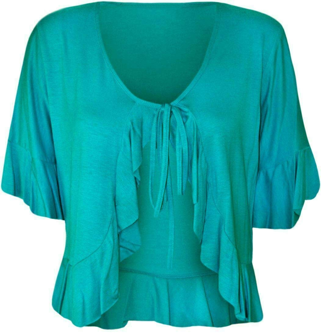 FAIRY TRENDZ LTD Womens Plain Frill Tie Up Ruffle Shrug Tops Ladies Bolero Stretch Short Sleeve Top Plus Size (Turquoise UK 18)