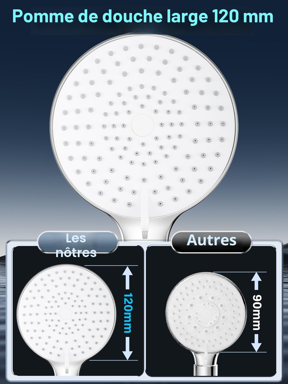 Pommeau De Douche Haute Pression YEAUPE PRO Avec Tuyau 1,6M - 3 Jets Anti Calcaire Chromé