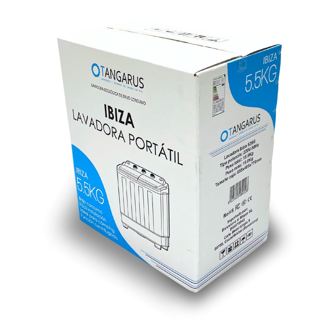 Tangarus Lavadora Centrifugadora Portátil Ibiza 5,5Kg - Compacta, Eficiente y Sin Instalación Previa para Tus Aventuras y Uso Diario