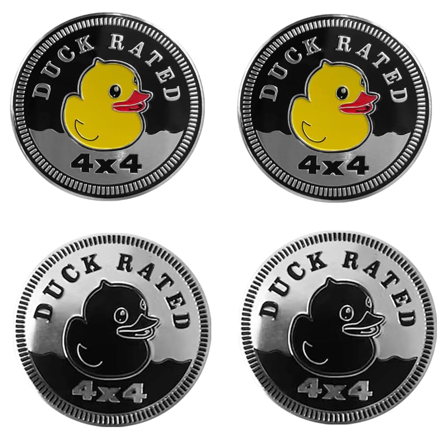 Image of 4Pcs Duck Badge Rated Car Emblem, 4 x 4 Metal Automotive Badge 3D Metal Duck Car Badges Emblems Round Emblem Decals Car Badge Decals Stickers Compatible for Jeep Wrangler Vehicles Trucks SUV