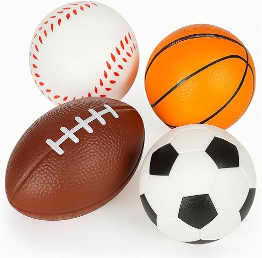 Sports Stress Foam Balls for Kids 2.5" - Set of 4 - Includes Basketball, Football, Baseball, and Soccer Squeezable Anxiety Relief Balls Idea, Party Favor for Boys or Girls