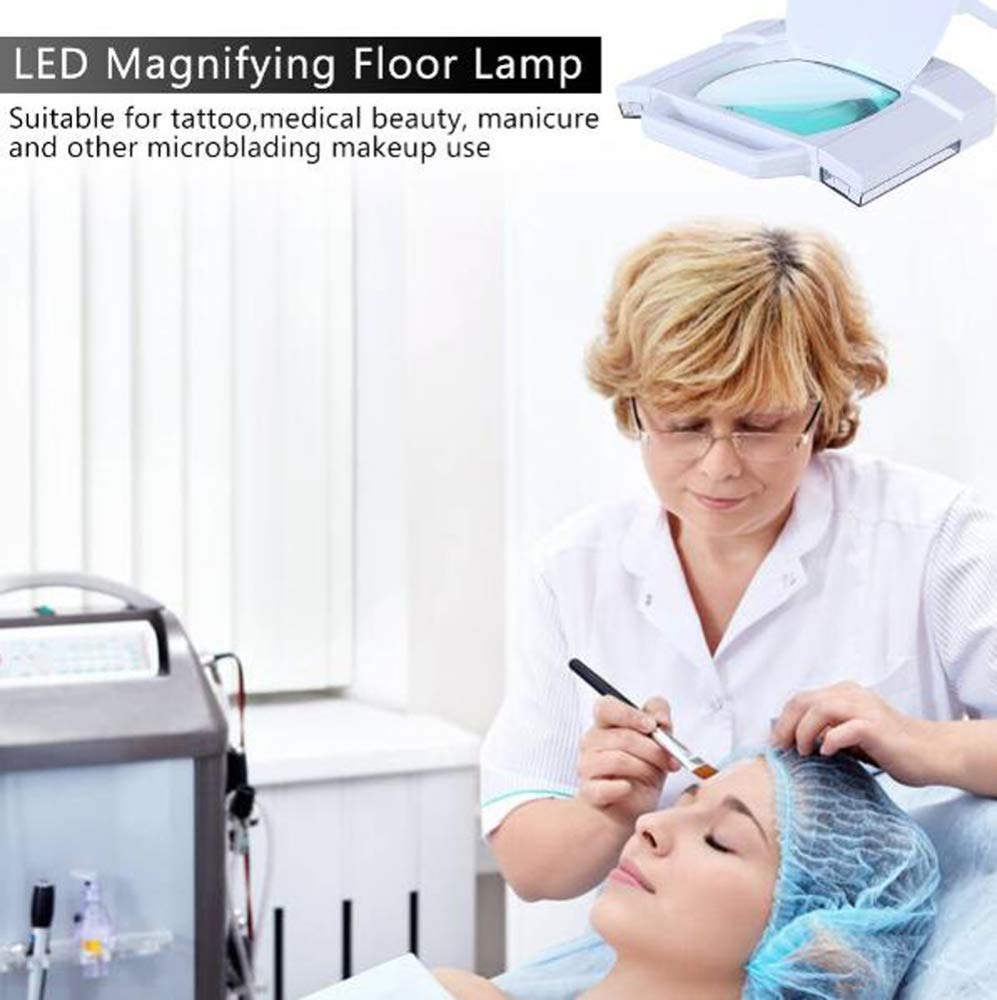 Lupa, 5X kwadratowa lupa LED Lampa z ruchomym stojakiem podłogowym Regulowane ramię obrotowe Lupa kosmetyczna Lampa do tatuażu Składany salon bezcieniowy Spa Paznokcie Skóra, bia(