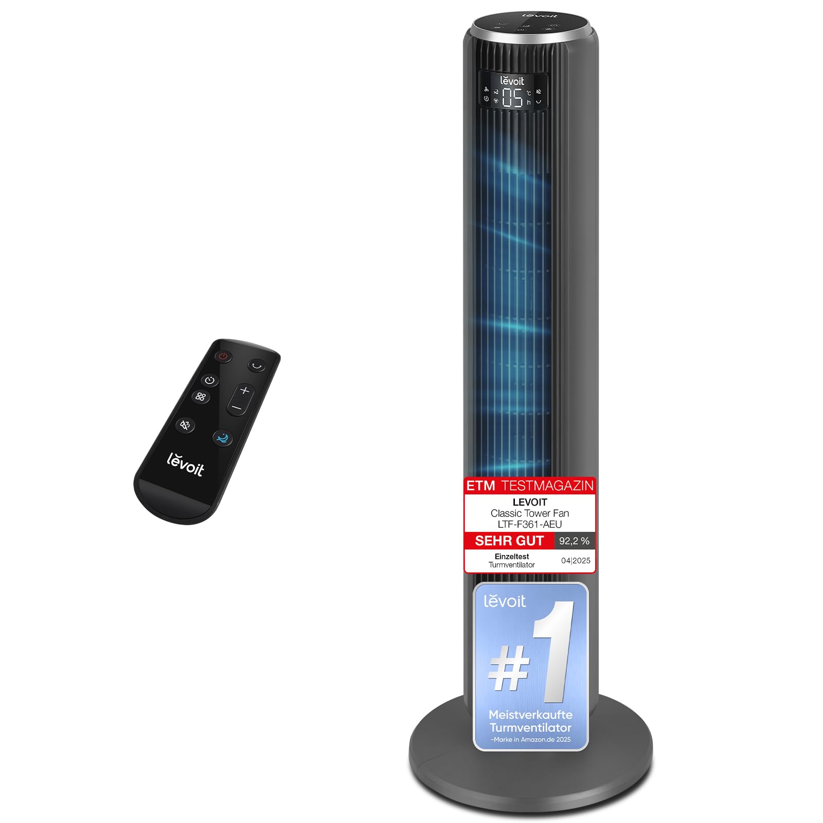 Levoit Leiser Ventilator mit Kühlung - Turmventilator mit Fernbedienung - Oszillierender Säulenventilator mit Fortschrittlichem Schlafmodus - 5 Geschwindigkeiten 4 Modi 12 Std Timer - Mattgrau 92 cm