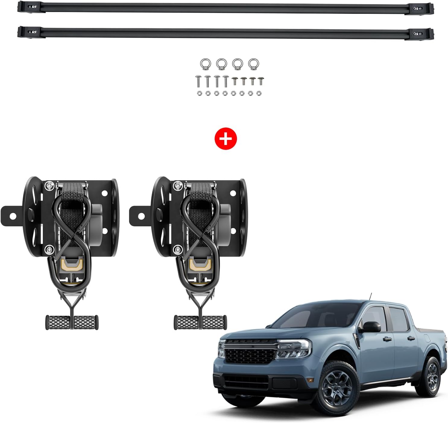 Retractable Ratchet Straps Bundle with 2022-2025 2026 Ford Maverick Cargo Bars Truck Bed Rack Crossbars Divider Pickup Side Rail Bars Sliding T-Slot Crossbars for 2024 Maverick Accessories