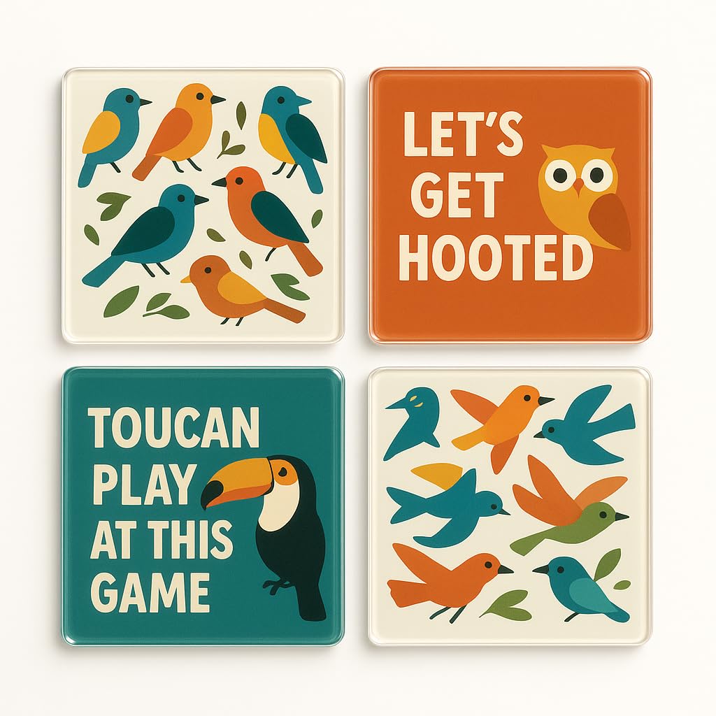 The Plum Penguin Flightful Wonders Acrylic Coaster Gift Set Of 4 With Bird Watching Puns - Vibrant Home Decor For Bird Lovers' Delight
