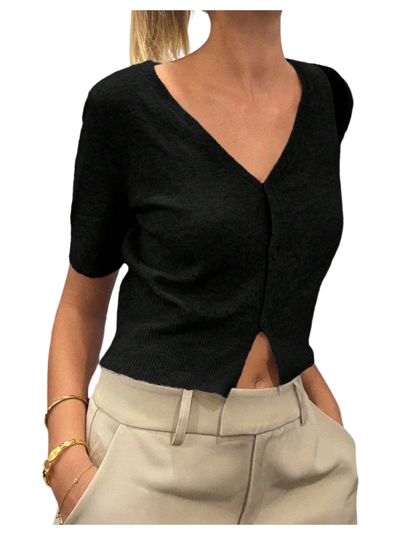 SHENHE Womens Short Sleeve Cropped Cardigan Button Down Sweater V Neck Lightweight Knit Top