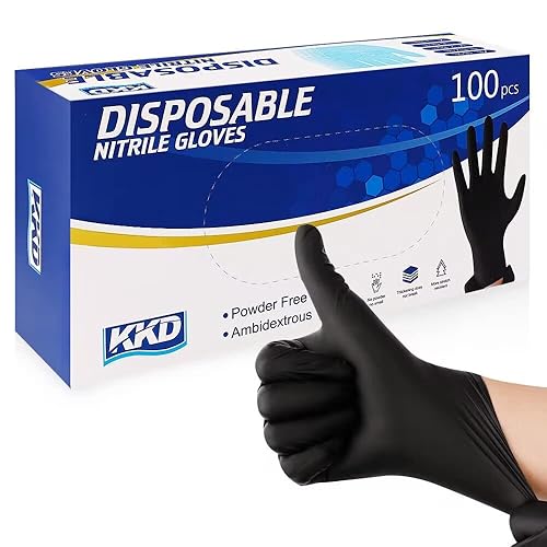 KKD Guantes de nitrilo desechables, 100 unidades, 5.5 mil, sin látex y sin polvo, para cocina, limpieza, uso insdustrial y en salones, color negro,