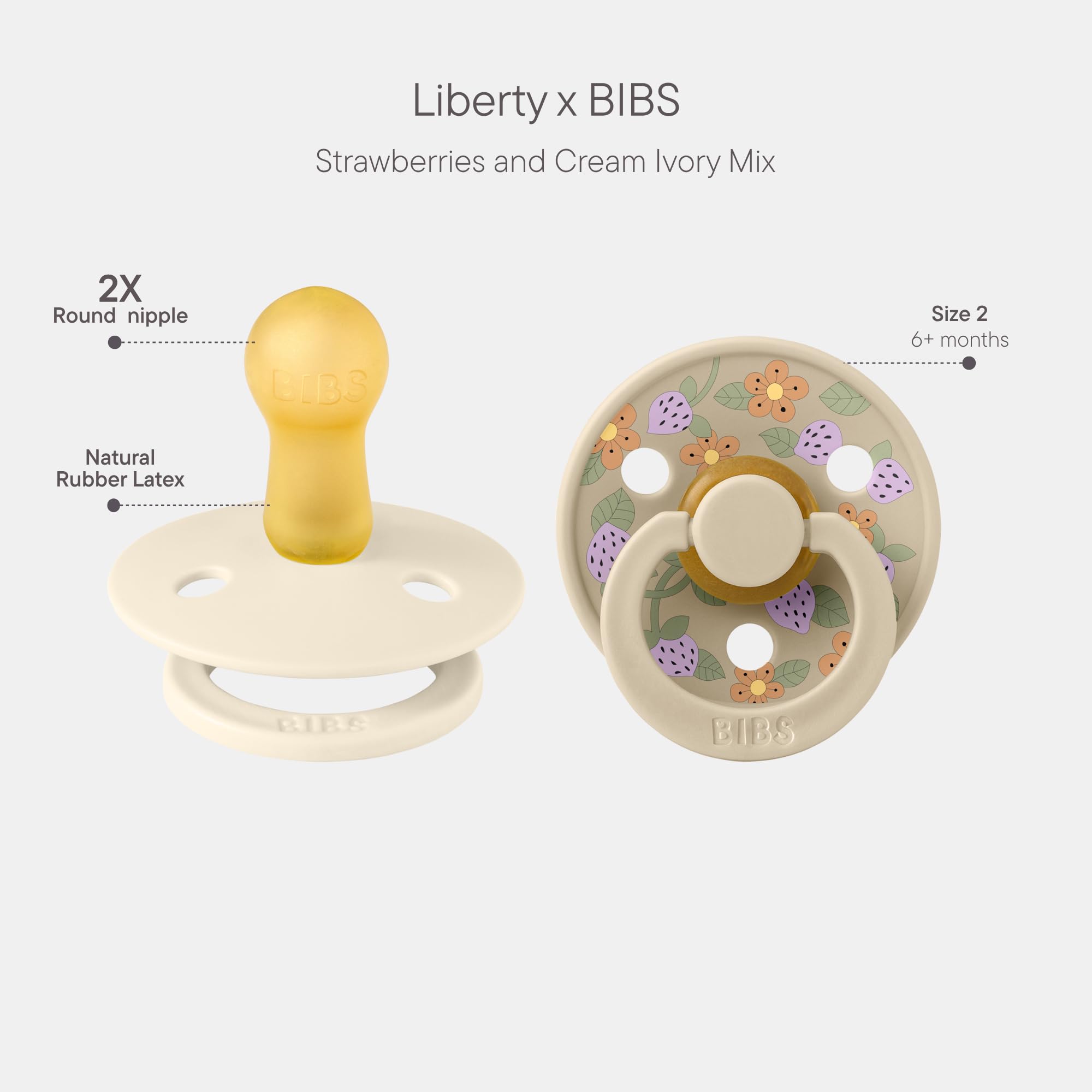 BIBS Liberty Dummies | 2 Colour Natural Rubber Latex Soothers | BPA Free Dummy | Round Nipple Pacifier | Designed & Made in Denmark | Strawberries and Cream Ivory Mix | Size 2 | 6+ Months - 2