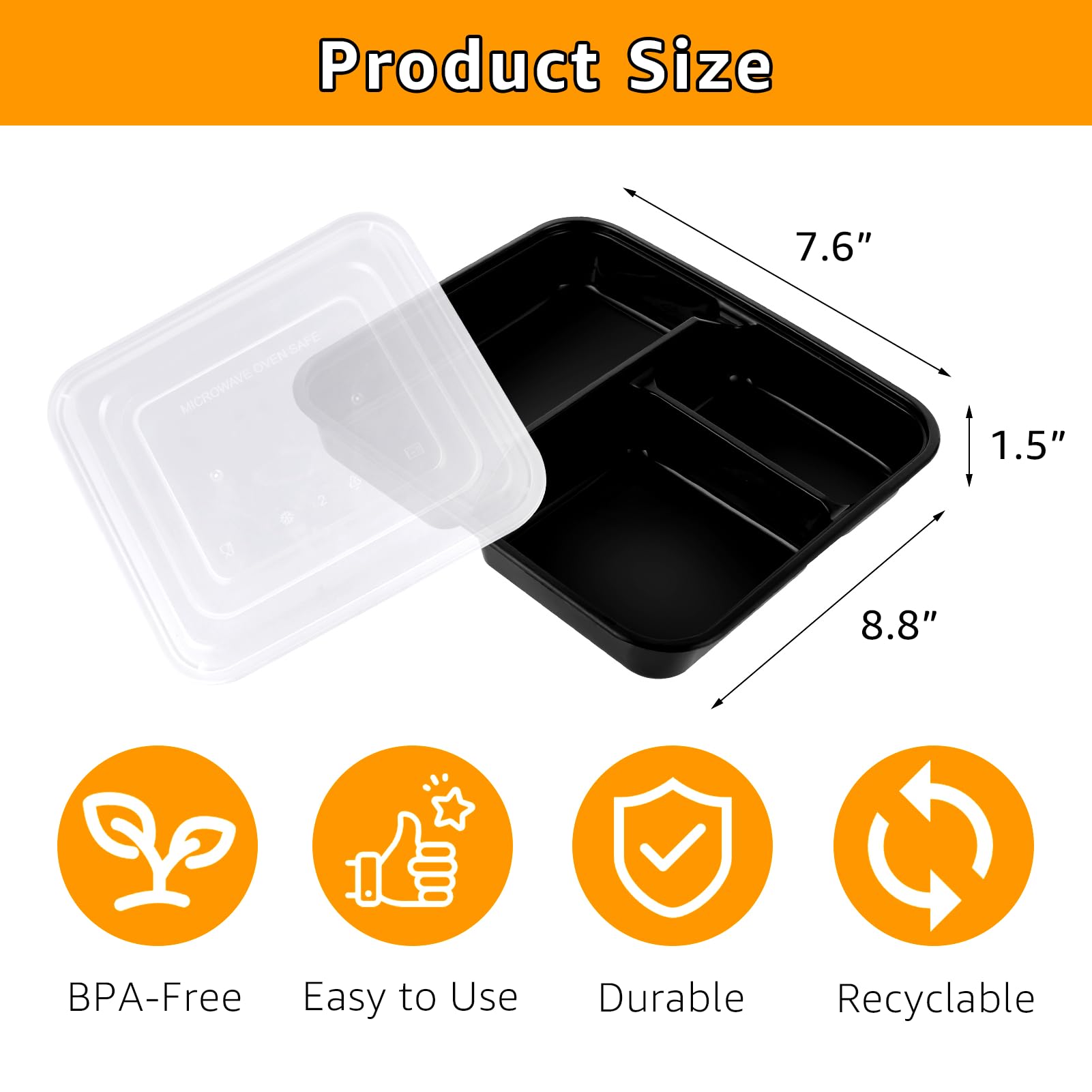 Lifetime Supplies 100 Stück, 907 ml, Lebensmittel-Vorbereitungsbehälter mit 3 Fächern, extra große Frischhaltedosen mit Deckel, BPA-frei, mikrowellengeeignet, spülmaschinenfest, für Reisen