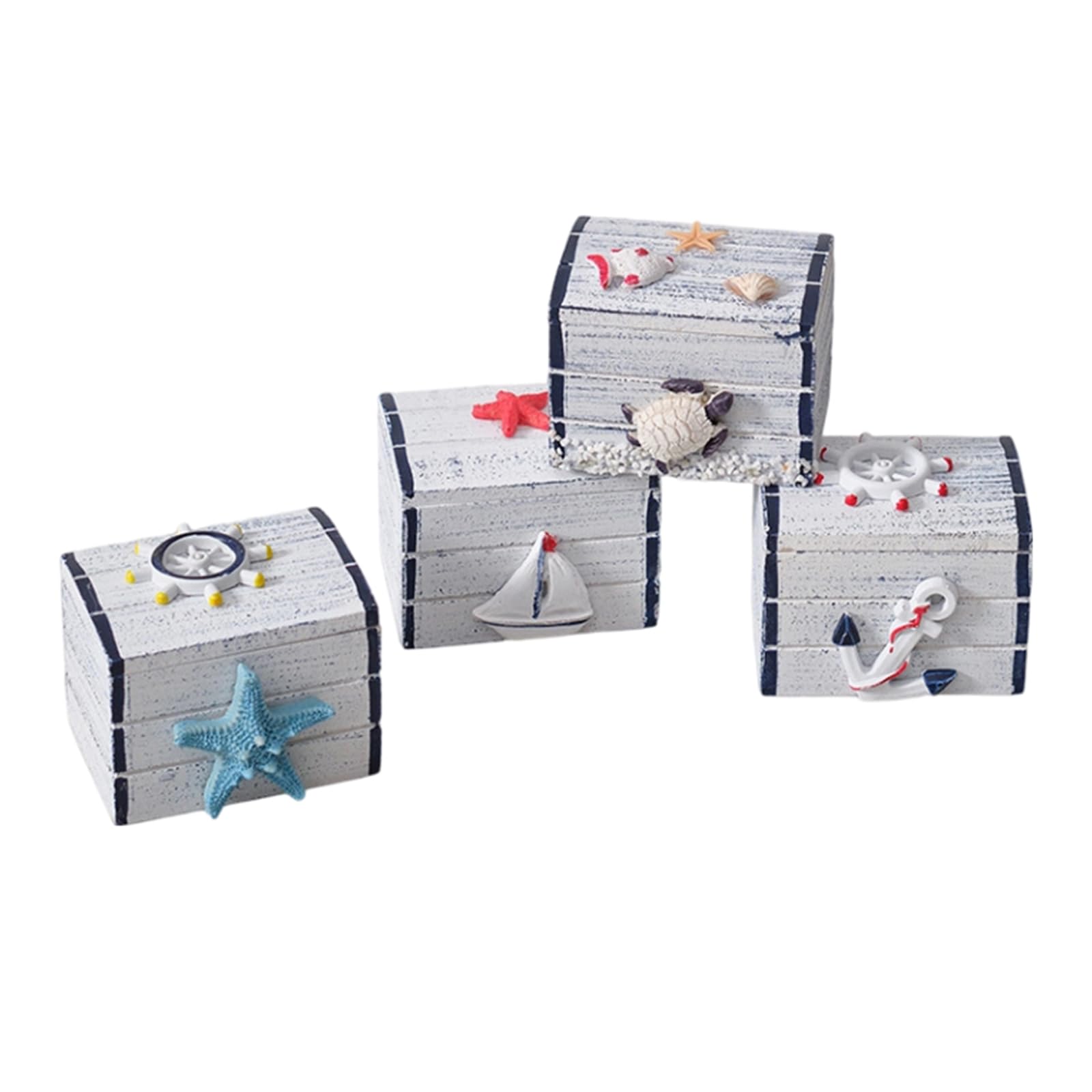 NVOQILIN Wooden Trinket Box Set of 4, Coastal Desktop Storage Boxes for Jewelry Candy and Small Items, Home Table Decor Dresser Accessory Box