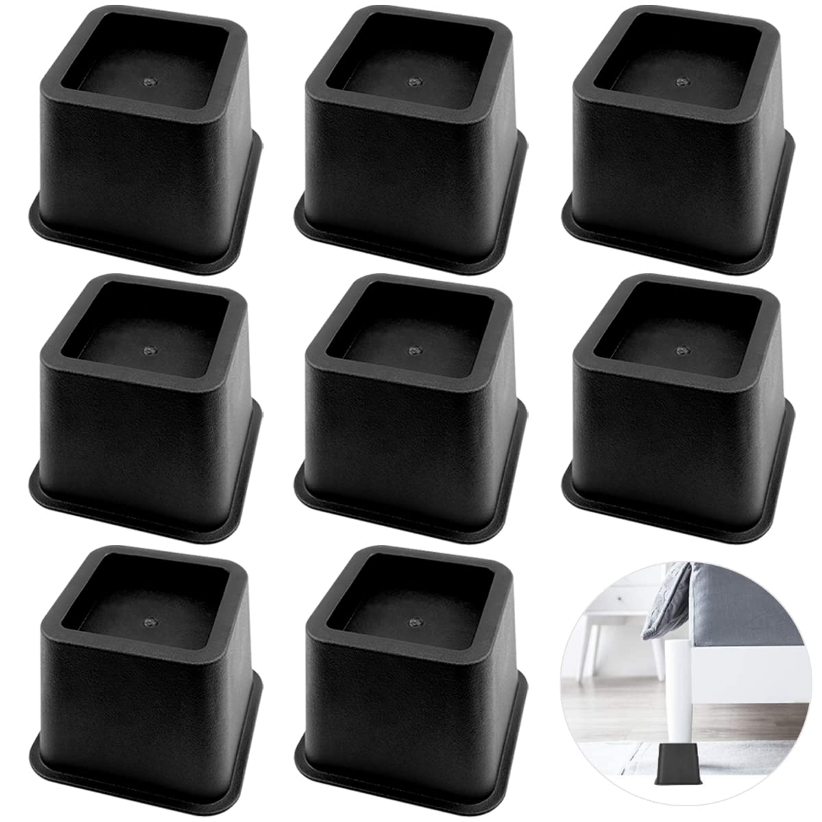 Photo 1 of 8 Pcs Bed Risers 3 Inch Heavy Duty Bed Elevators, Square Recess Sturdy Base Set - Furniture Frame Lift for Couch, Chair, Desk, Sofa and Bed(Black)
