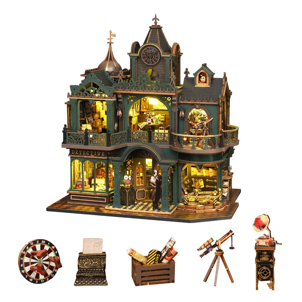 Agencja detektywistyczna Dollhouse – miniaturowy zestaw do samodzielnego montażu, drewniany domek dla lalek z meblami do montażu, puzzle z zamkiem detektywistycznym – kreatywny prezent urodzinowy