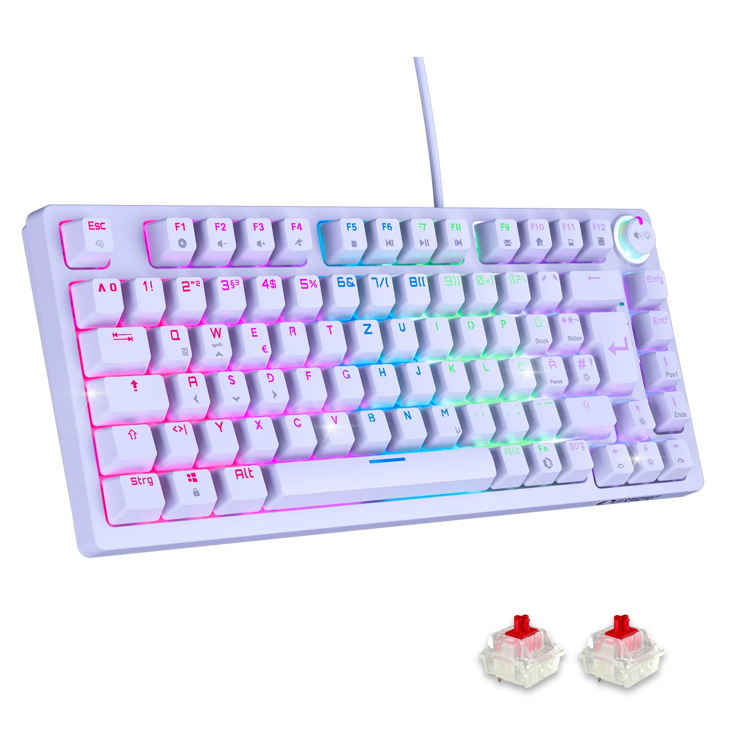 EMPIRE GAMING K248 – Mechanische Gaming-Tastatur mit Multimedia-Rad für Lautstärke & RGB, DE QWERTZ, MX Red, USB-C Kabel, 82 Tasten, Anti-Ghosting, PC/PS4/PS5/Xbox (Weiß)