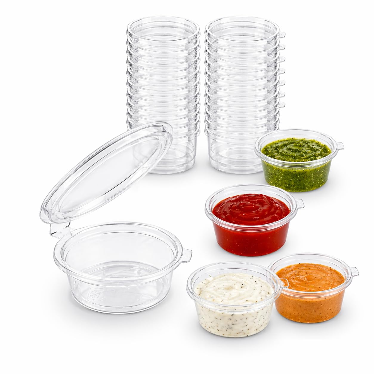 1ABOVE 100 Pack Clear Plastic Sauce Pots with Hinged Lids – Small Disposable Deli Containers for Takeaway, Chutney, Ketchup, Sauces & Dressings (1oz-100 pack)