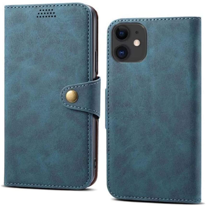 Étui iPhone 12 GUMMMY en cuir synthétique bleu avec porte-cartes et support flip folio antichoc