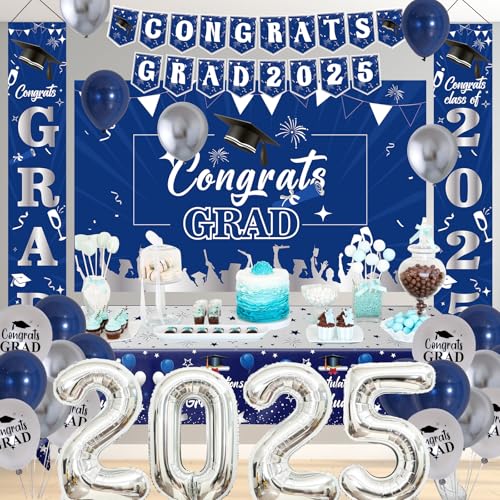 Graduation Decorations 2025, Navy Blue 2025 Graduation Party Decorations with CONGRATS GRAD 2025 Banner Backdrop Number 2025 Balloons Porch Sign, Class of 2025 for Nurse College High School - Thumbnail 7