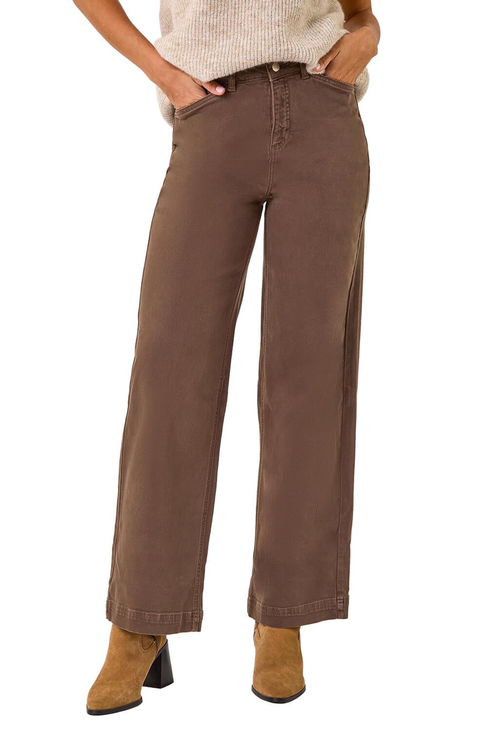 Roman Originals Wide Leg Jeans for Women UK Ladies Denim Trousers Palazzo Pants Jeggings Stretchy Cotton Summer Winter Autumn Spring Smart Office Work Party Flattering Bottoms - Chocolate - Size 10
