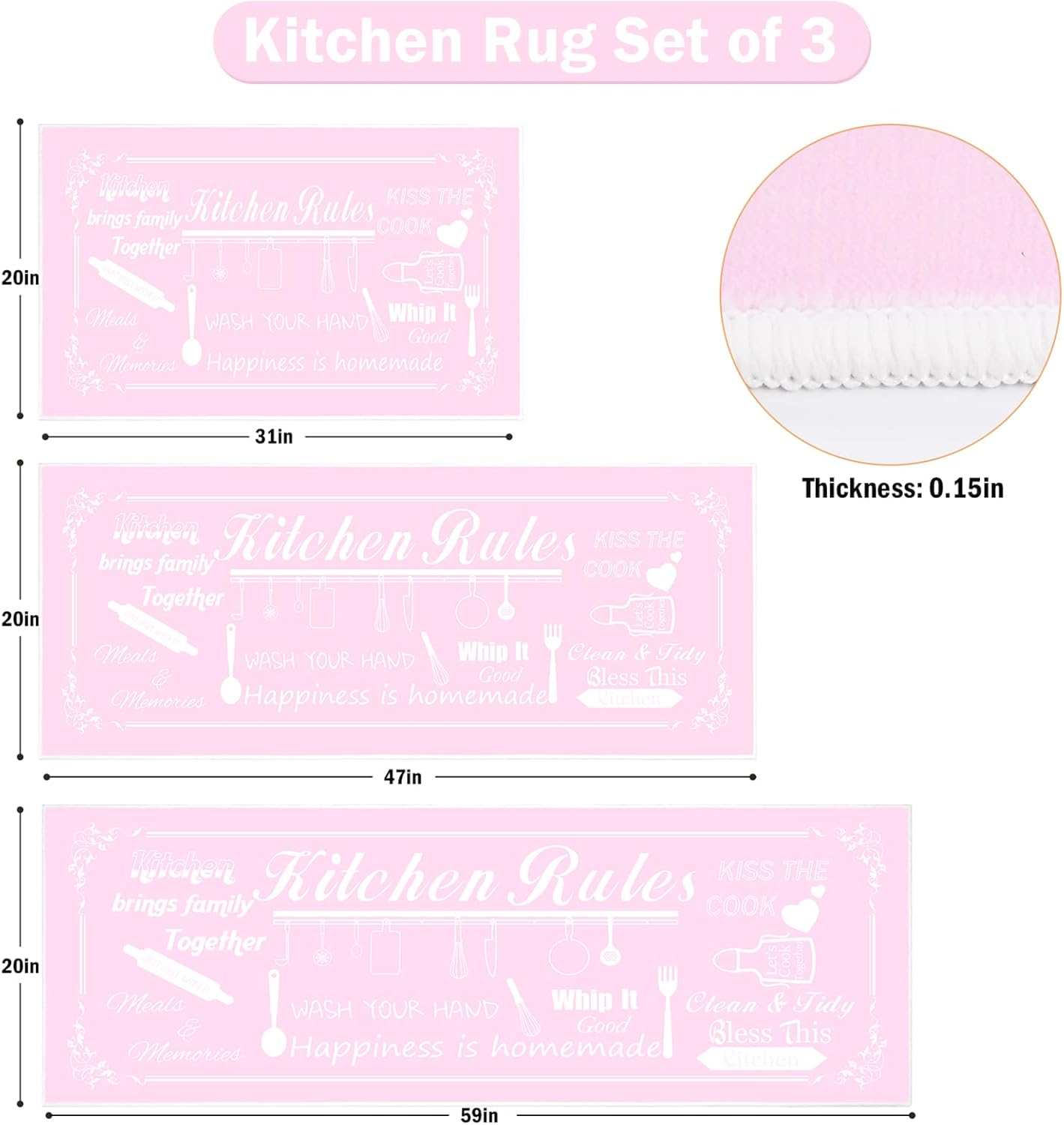 Pink Funny Kitchen Rug Sets 3 Piece, Washable Kitchen Mats for Floor Non Slip Durable Kitchen Floor Mat Carpet Runner Rugs for Hallway Laundry Room, Girl Pink