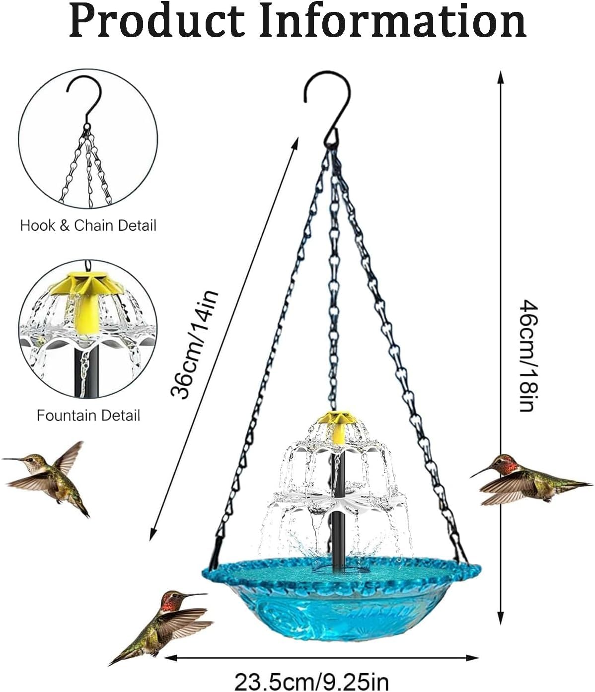 Cascade Solaire Suspendue Eagle Bath Fountain Heater Solaire alimenté Eadbath Colibri Fontaine d'eau Grande 3 Couches Pompe de Bain d'oiseau Bol en Verre pour Patio extérieur Cour (Gris)
