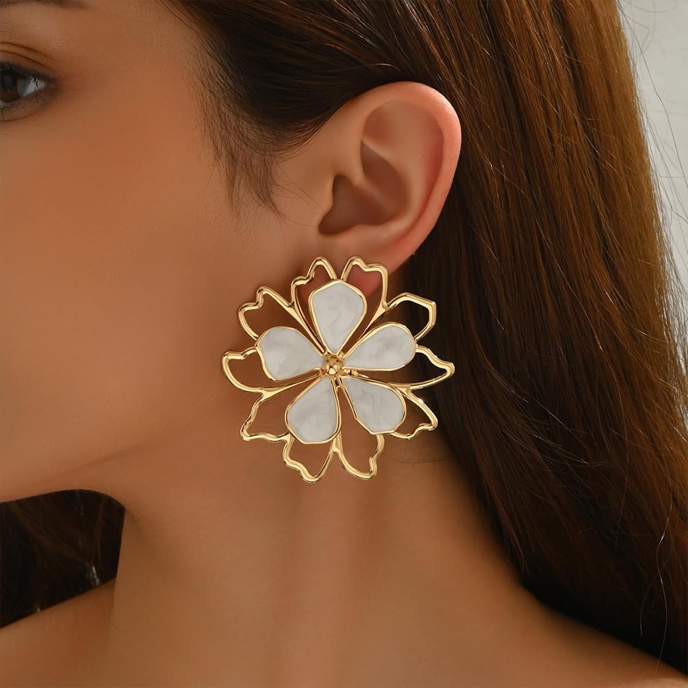 Trendy Large Chunky Gold Flower Enamel Petal Earrings for Women, Unique Statement White Purple Floral Stud Earring Y2K Holiday Prom Party Jewelry Gift - Image 6