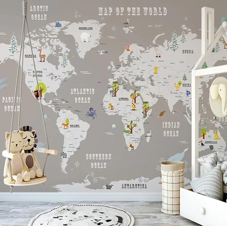 Carte du monde murale 3D papier peint animaux pour salle de jeux et chambre