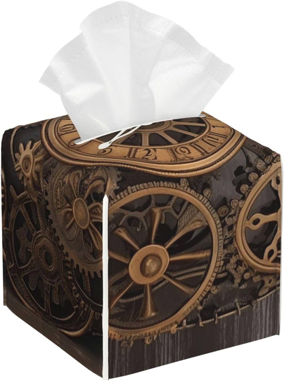 Pu Leather Cube Tissue Box Holders Modern Waterproof Square Tissue Box Cover Steampunk Gears Clock Facial Paper Holder for Bathroom Kitchen Nightstand Office Home Decor