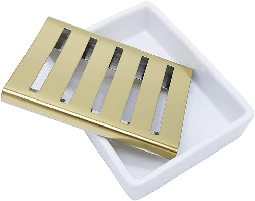 Miniatura 6 de Lofekea Jabonera de cerámica dorada de acero inoxidable para ducha y baño, caja de jabón de drenaje de doble capa