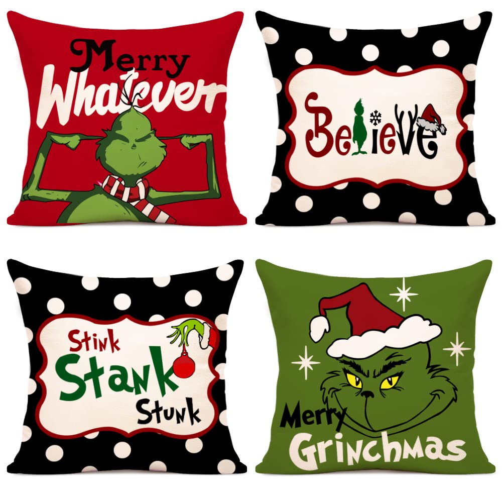HIMATAID Christmas Pillow Covers 18x18 Set of 4 for Grinch Christmas Pillows Christmas Decorations Xmas Farmhouse Decor Throw Pillow Covers for Porch Decor,Couch,Bed