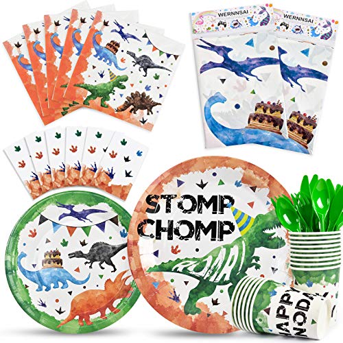 Watercolor Dinosaur Party Tableware Set - Dinosaur Party Supplies for Kids Boys Birthday Includes Disposable Dinner Dessert Plates Napkins Tablecloth Cups Cutlery Bag Utensils Serves 16 Guests 130 PCS