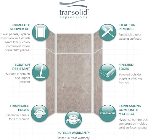 Miniatura 242 de Transolid EWKX483696-41 Expressions - Kit de pared de ducha de 6 paneles con extensión, 36 pulgadas de largo x 48 pulgadas de ancho x 96 pulgadas