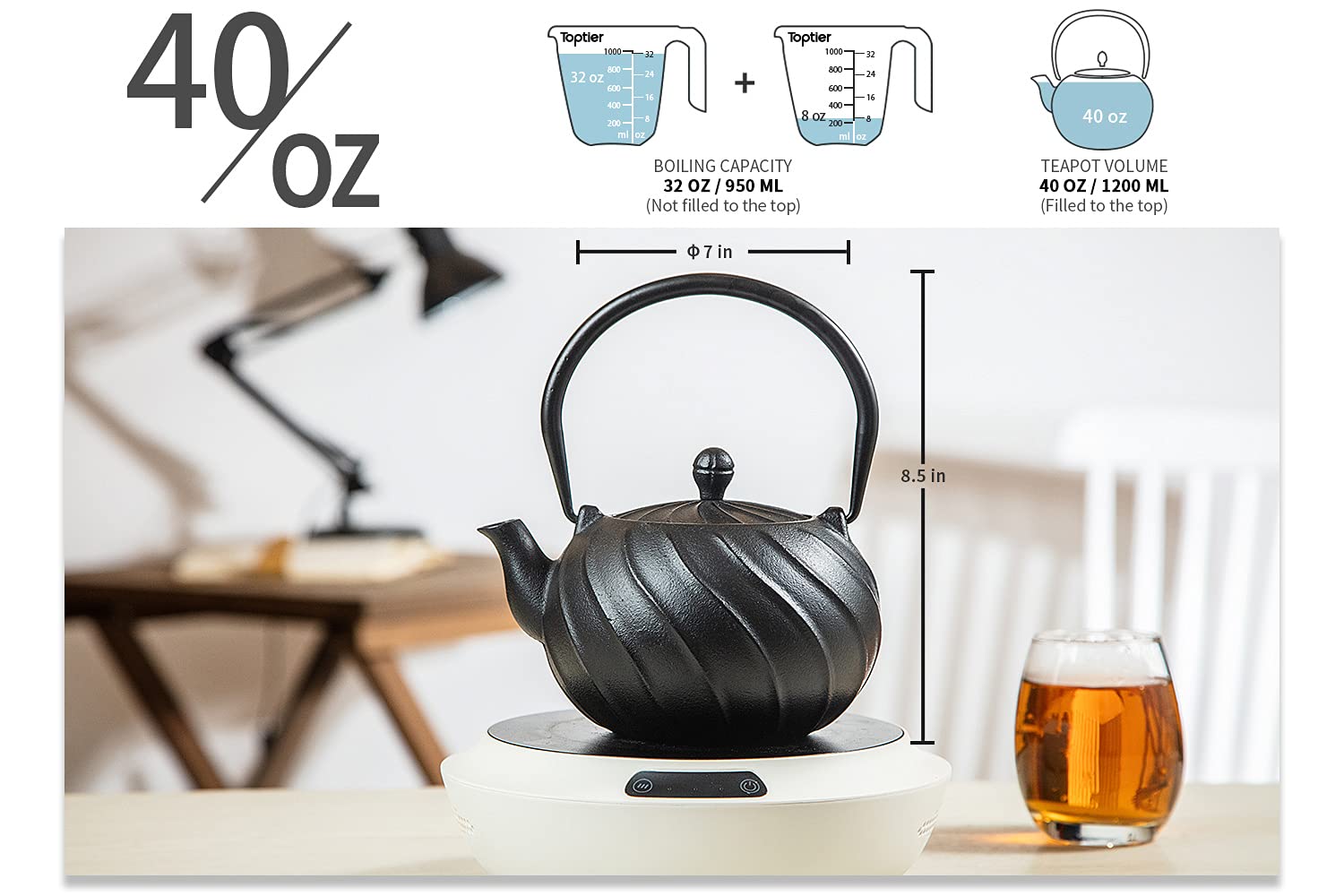 TOPTIER Japanischer Gusseisen-Tee-Kessel mit Infuser für lose Blätter und Teebeutel, Gusseisen-Tee-Kessel mit emaillierter Innenausstattung für 40 oz (1200 ml), Mitternachts-Schwarz