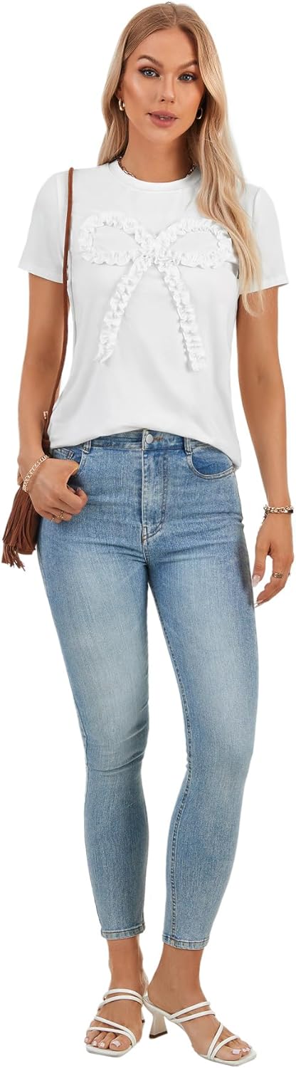 Rooscier Women's Bow Frill Trim Crew Neck Short Sleeve Cute Casual Tee Shirt Tops - Image 6