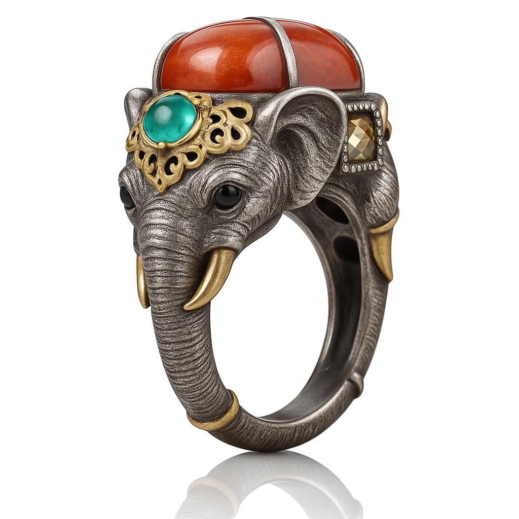925 Sterling Silber Elefanten Ring mit Karneol, Chalcedon, Zirkonia & Messing Details, Verstellbarer Unisex Ethno Schmuck, Handgefertigter Statement Ring für Damen & Herren